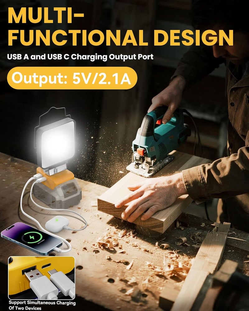 Ecarke 2 PCS Cordless LED Work Light Compatible with DeWALT 20V: 70W 7000LM Flashlight with USB & Type-C Charging Output Port, Portable Battery Flood Light for Job Site, Camping, Battery Not Included - Image 3
